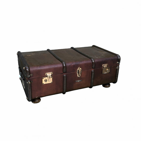0070009 - Antique Brown Leather Paris Trunk w/ Wooden Legs