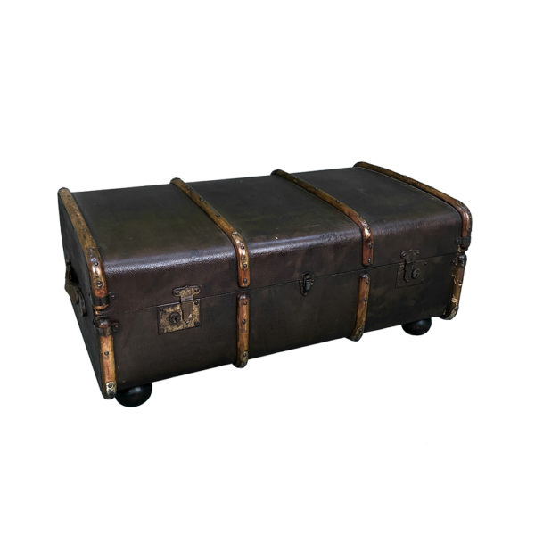 0070010 - Antique Brown Leather Paris Trunk w/ Wooden Legs
