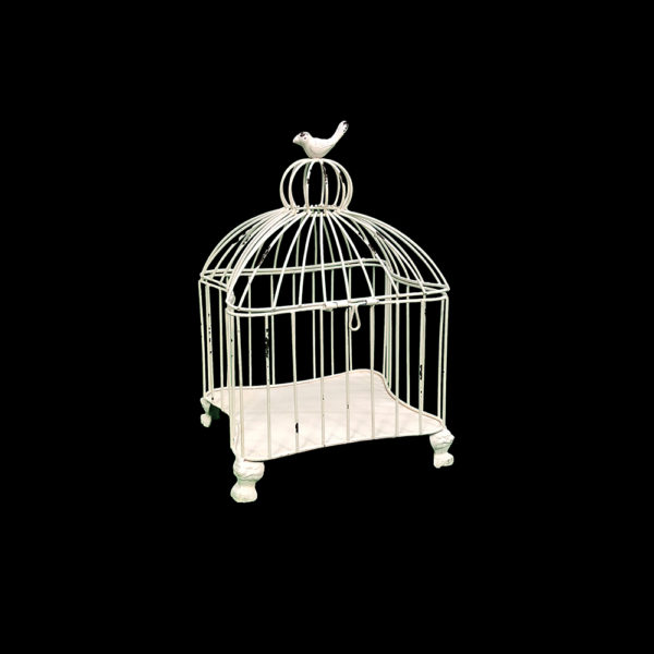 0290024 - Small White Decorative Metal Birdcage w/ Bird Topper