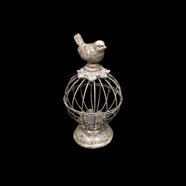 0290025 - Small Grey Decorative Metal Birdcage w/ Bird Topper