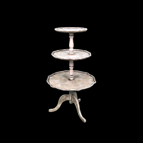 9990039 - 3-Tier Antique Tripod Distressed White Pie Crust Table