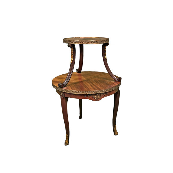 9990040 - 2-Tier Antique French Mahogany and Gold Trim Round Side Table