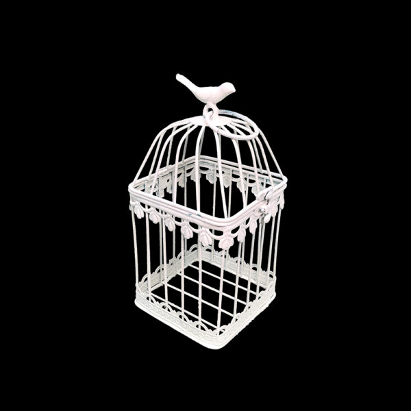 9990059 - Decorative Small White Metal Birdcage w/ Bird Topper
