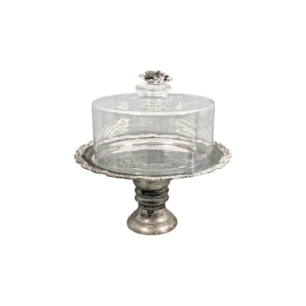 9990335 - Vintage Silver Cake Plate w/ Glass Top