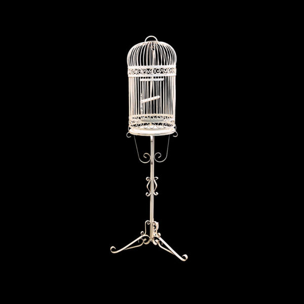 9990053 - Vintage Wrought Iron White Birdcage w/ Stand